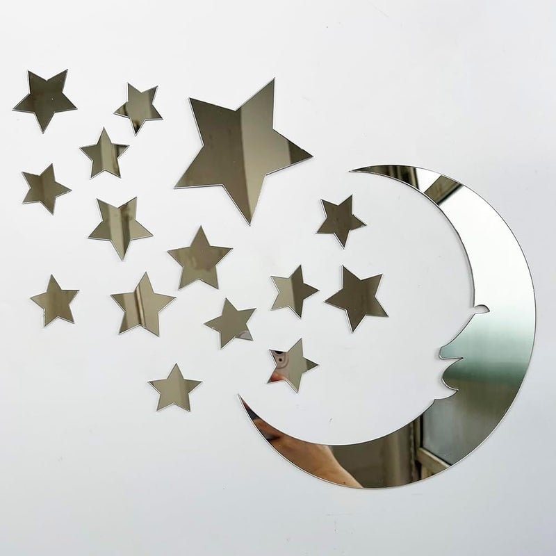 TVPHLLY 37pcs 3D Moon and Stars Silver Acrylic Wall Stickers with Adhesive Art Decal Satin Paper Baby Kids Bedroom Home DIY Decor Removable Stickers (Moon and Stars) - Image 1